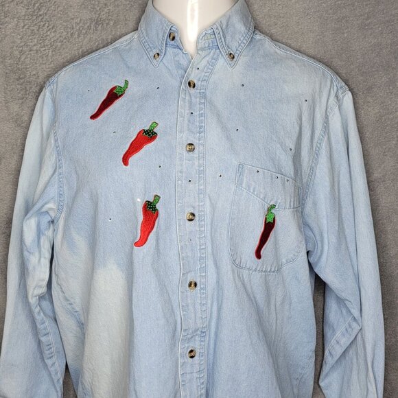 Jerzees Denim Button-Up Shirt Medium Chili Pepper Rhinestones Bleached Denim - Picture 1 of 5